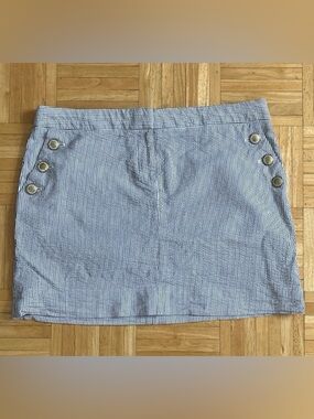 J.Crew cotton seersucker fly front mini skirt with gold buttons + pockets